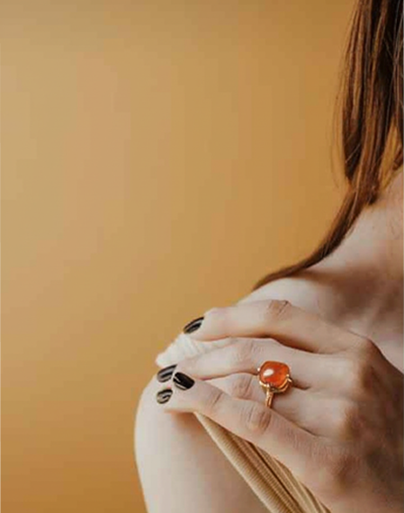オレンジ背景に指輪を付けた女性